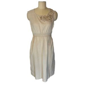 Merona Beige Oatmeal Linen Blend Dress Sleeveless Flower Appliqué Size Small